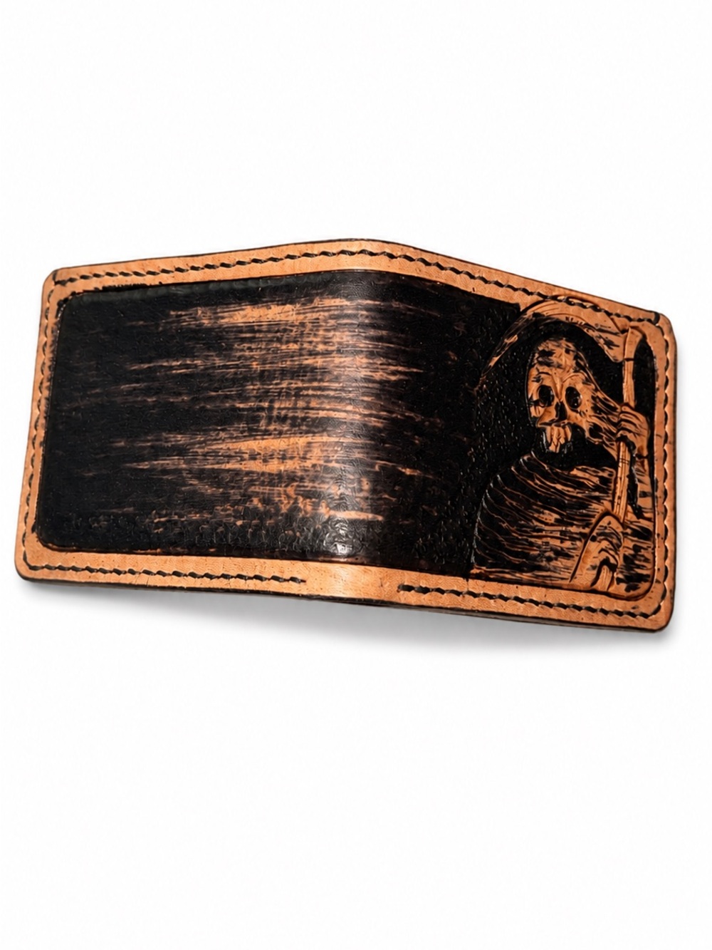 Handmade Hand Tooled Leather Grim Reaper Bifold Wallet Western Biker Gothic